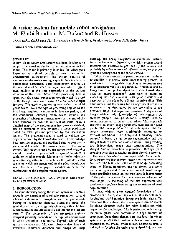 (PDF) A vision system for mobile robot navigation