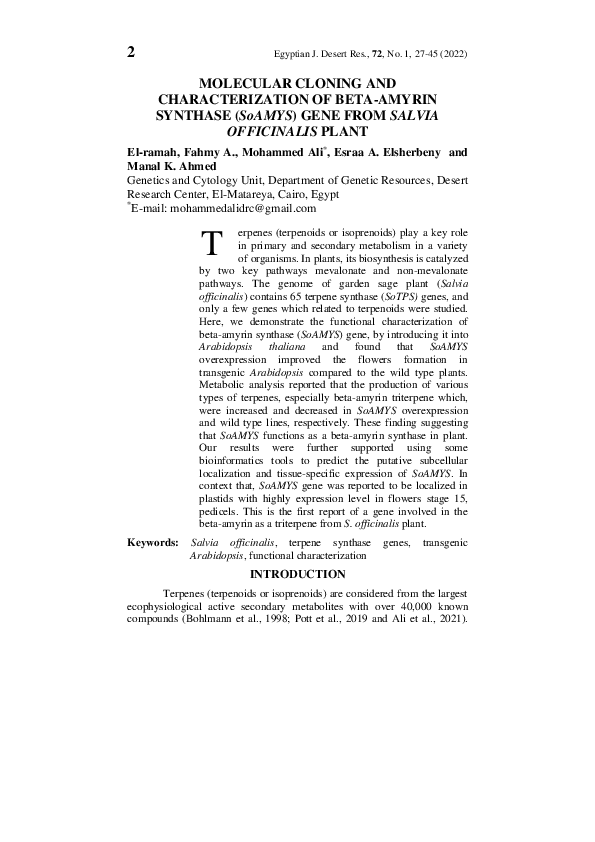(PDF) MOLECULAR CLONING AND CHARACTERIZATION OF BETA-AMYRIN SYNTHASE ...