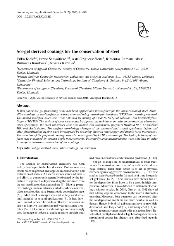 (PDF) Sol-gel derived coatings for the conservation of steel