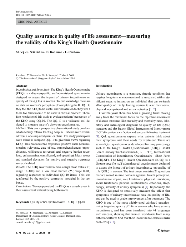 (PDF) Quality assurance in quality of life assessment—measuring the