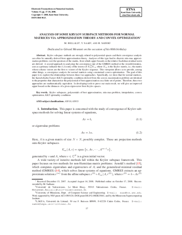 (PDF) Analysis of Some Krylov Subspace Methods for Normal Matrices via ...