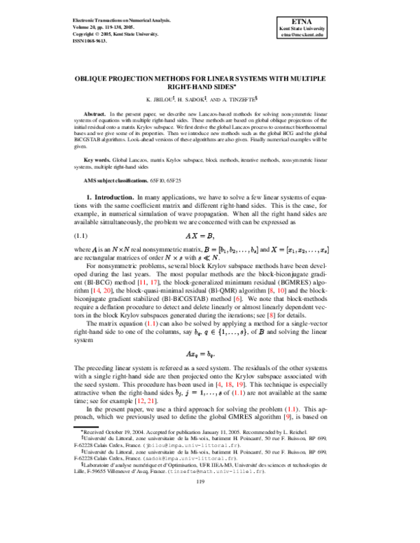 (PDF) Oblique projection methods for linear systems with multiple right ...