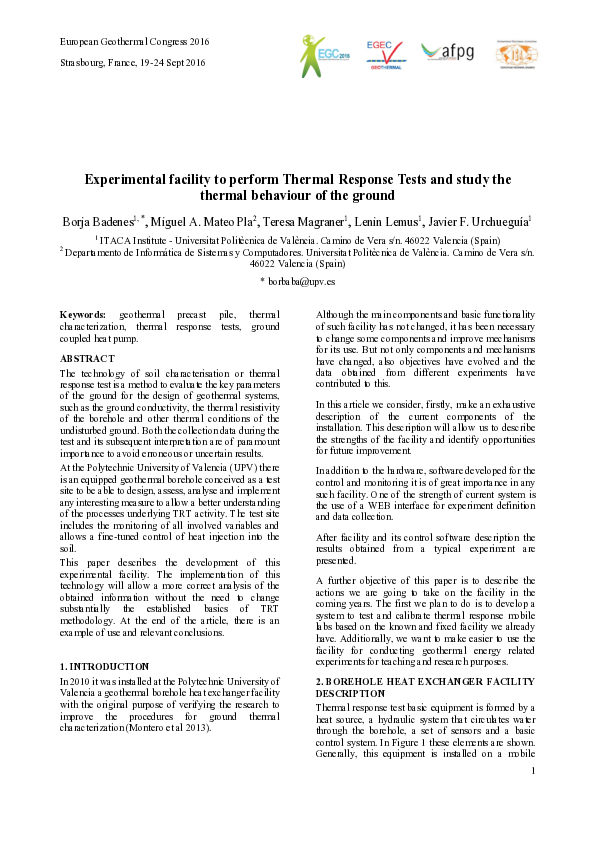 (PDF) Experimental facility to perform Thermal Response Tests and study ...
