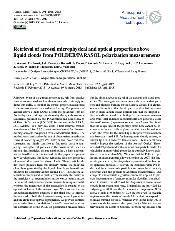 (PDF) Retrieval of aerosol microphysical and optical properties above ...