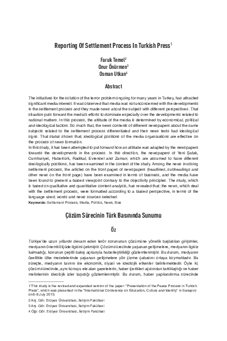 (PDF) Reporting Of Settlement Process In Turkish Press