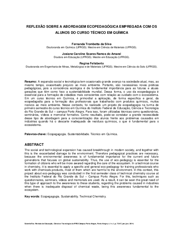 Reflexão Sobre a Abordagem Ecopedagógica Empregada Com Os Alunos De Ensino Técnico Em Química
