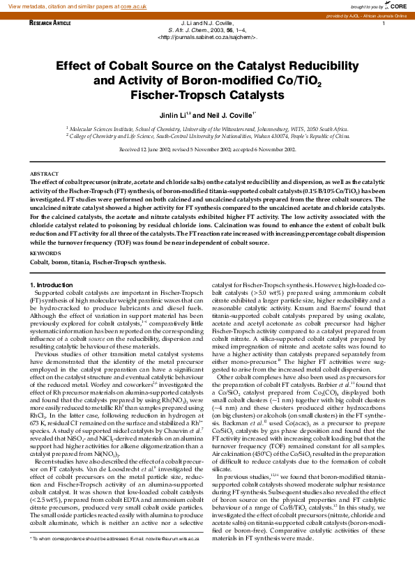 (PDF) Effect of Cobalt Source on the Catalyst Reducibility and Activity ...