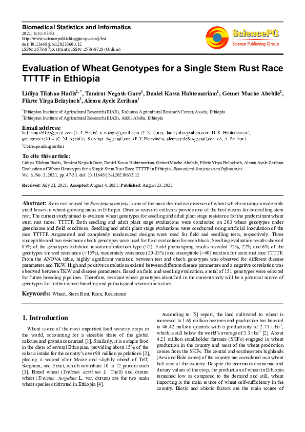 (PDF) Evaluation of Wheat Genotypes for a Single Stem Rust Race TTTTF ...