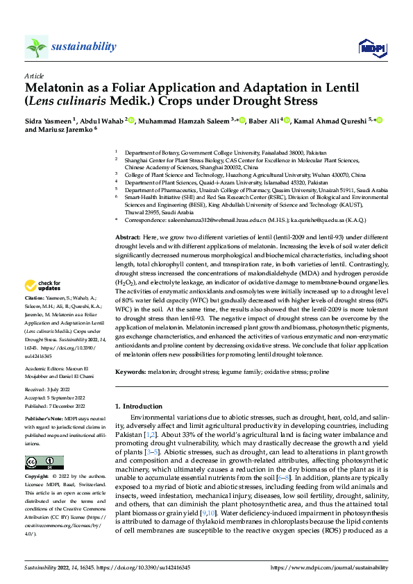 (PDF) Melatonin as a Foliar Application and Adaptation in Lentil (Lens ...