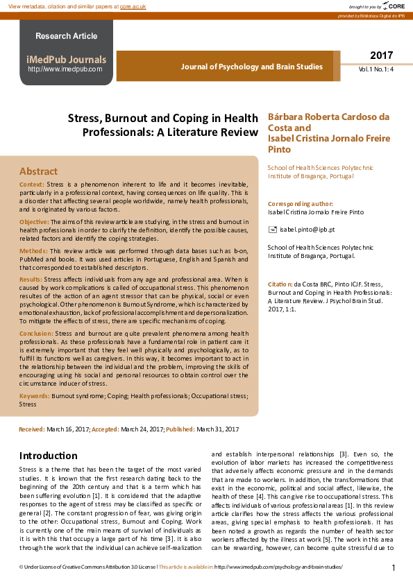 (PDF) Stress, Burnout and Coping in HealthProfessionals A Literature