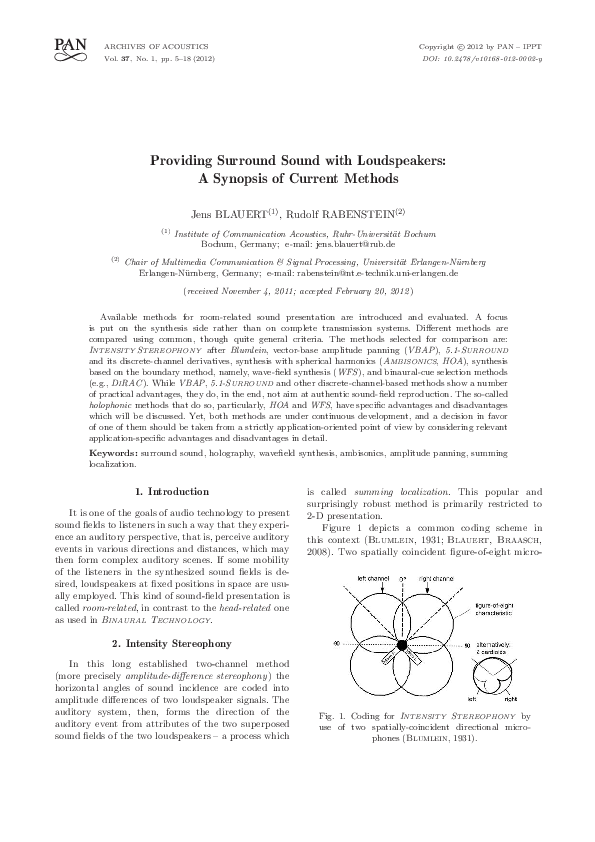 (PDF) Providing Surround Sound with Loudspeakers: A Synopsis of Current ...