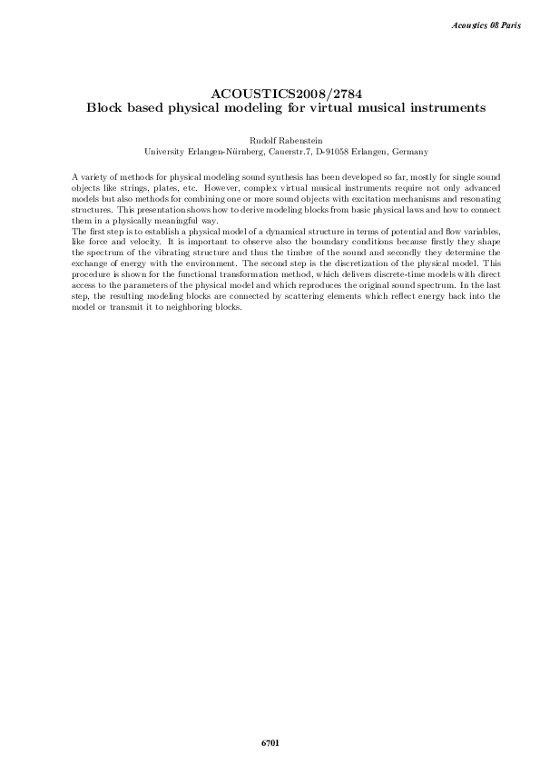 (PDF) Block based physical modeling for virtual musical instruments