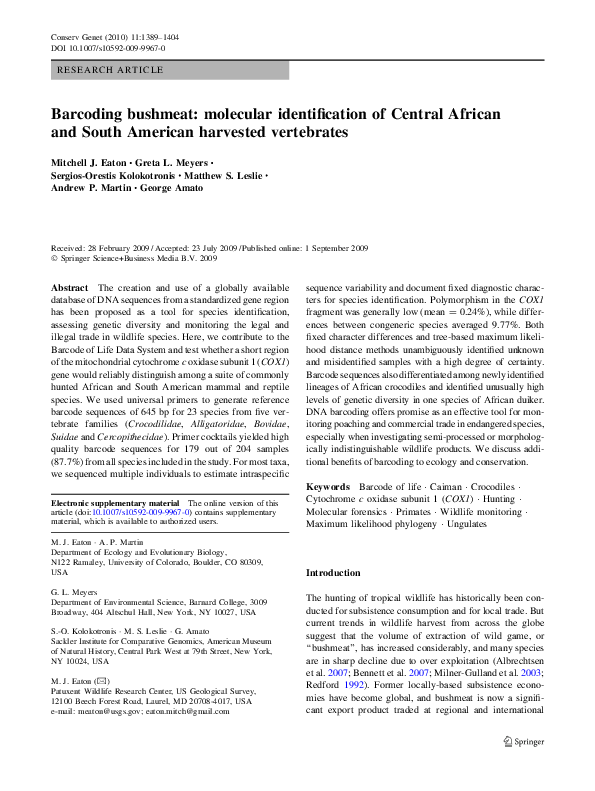 (PDF) Barcoding bushmeat: molecular identification of Central African ...
