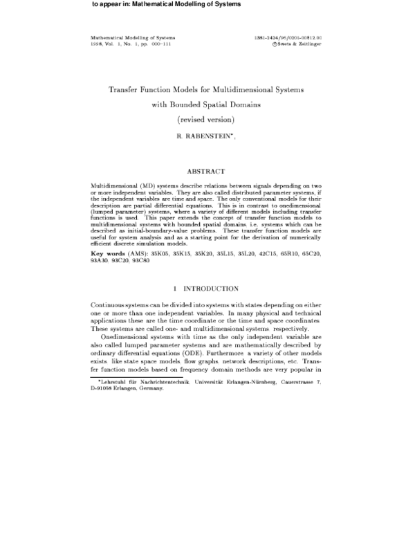 (PDF) Transfer Function Models for Multidimensional Systems with ...