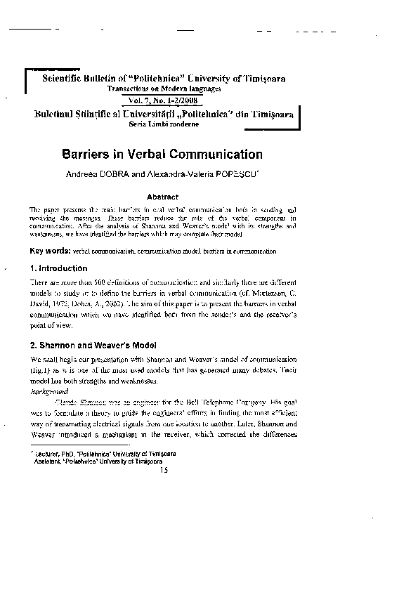 (PDF) Barriers in Verbal Communication ANDREEA DENISA DOBRA