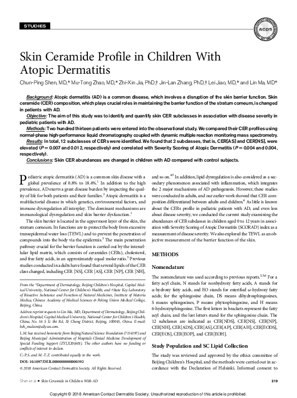 (PDF) Skin Ceramide Profile in Children With Atopic Dermatitis