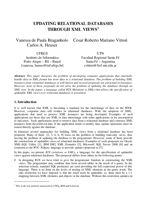 (PDF) Updating relational databases through XML views