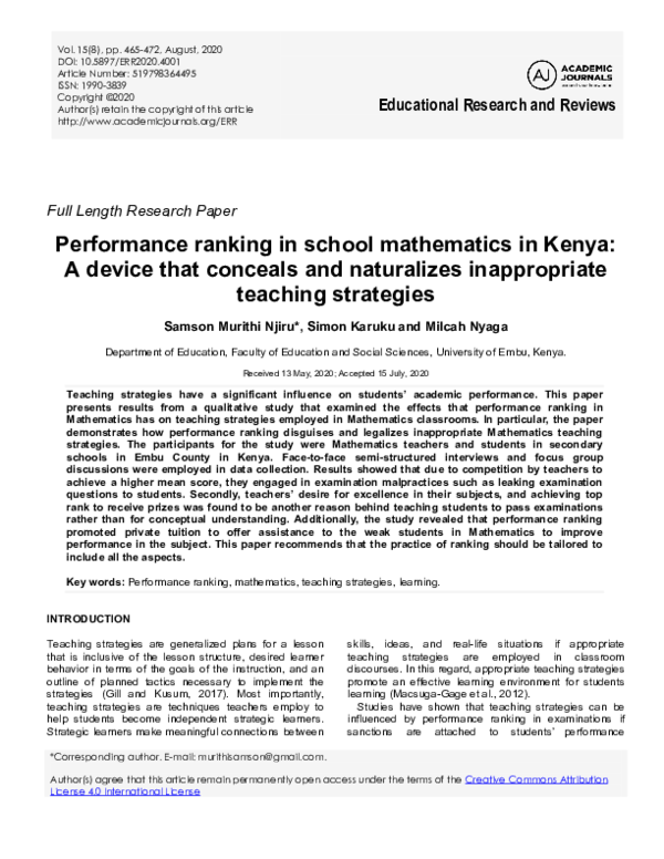 (PDF) Ranking Effects on Math Teaching in Kenya
