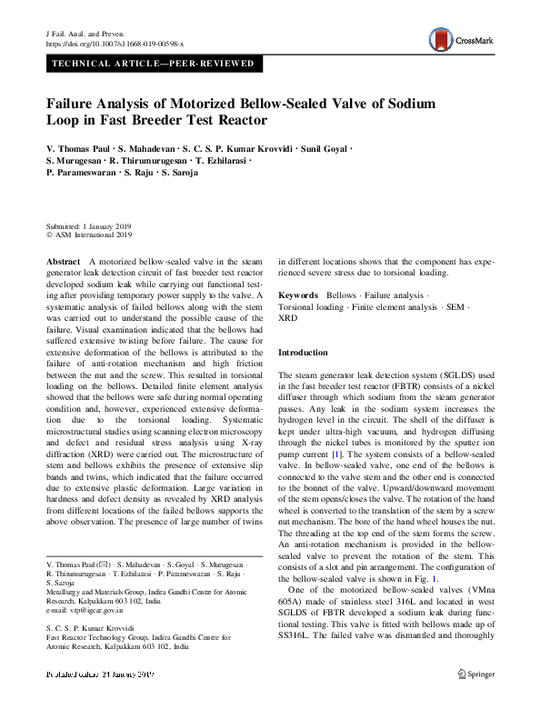 (PDF) Failure Analysis of Motorized Bellow-Sealed Valve of Sodium Loop ...