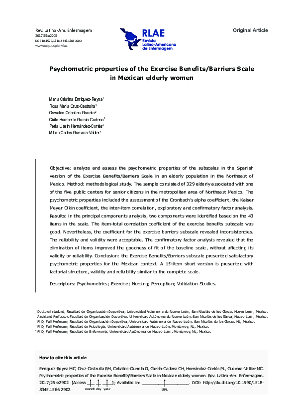 (PDF) Psychometric properties of the Exercise Benefits/Barriers Scale ...