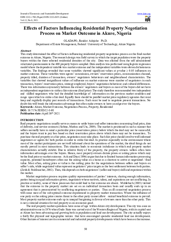 (PDF) Effects of Factors Influencing Residential Property Negotiation ...