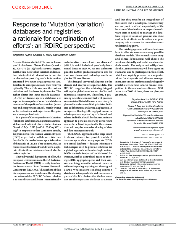 (PDF) Response to 'Mutation (variation) databases and registries: a ...