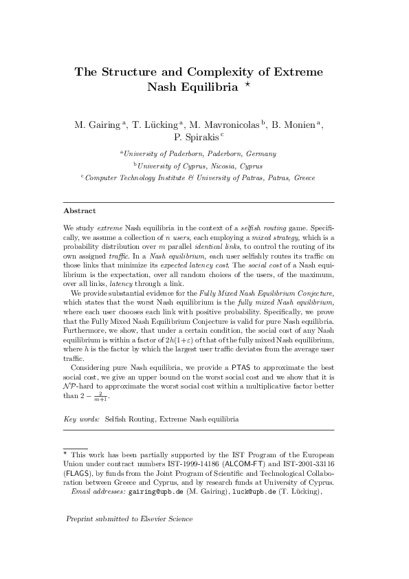 (PDF) Structure and complexity of extreme Nash equilibria