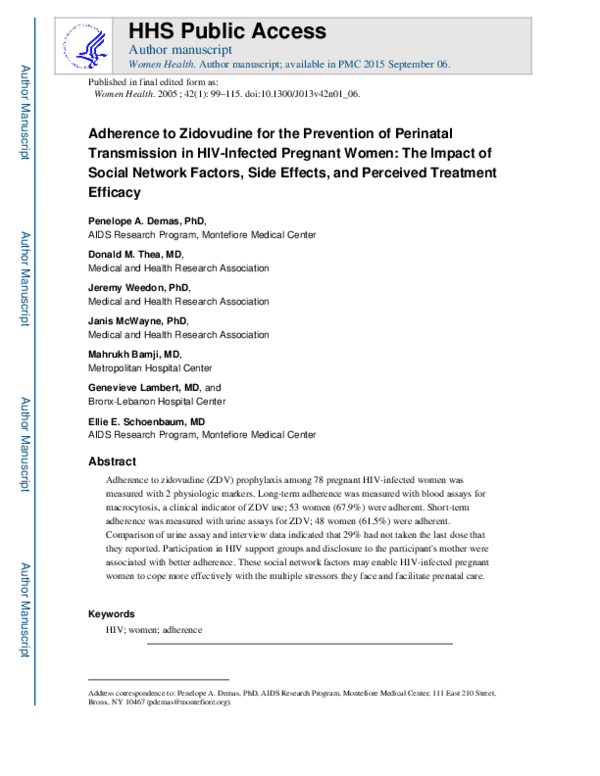 (PDF) Adherence to Zidovudine for the Prevention of Perinatal