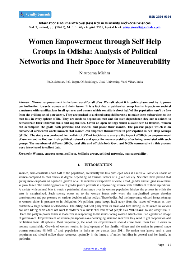 (PDF) Women Empowerment through Self Help Groups In Odisha: Analysis of ...