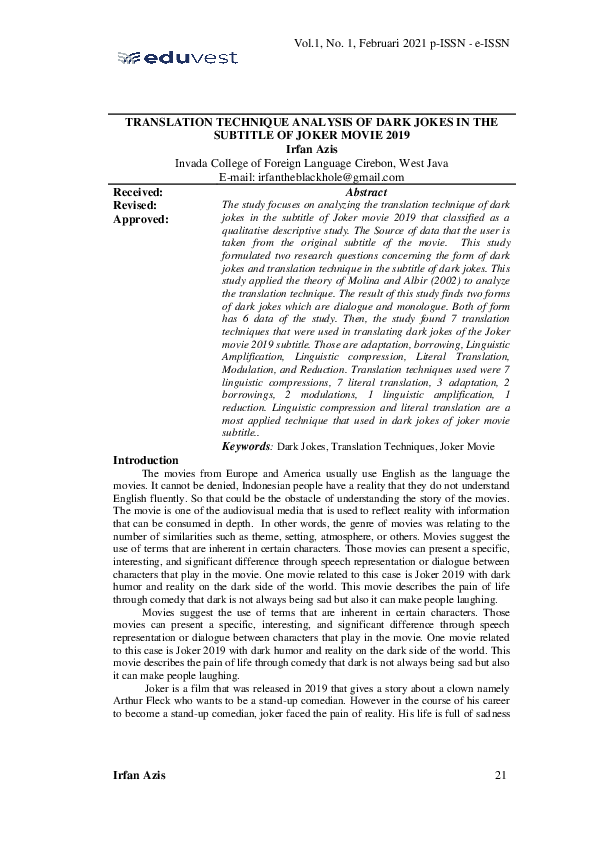 (PDF) Translation Technique Analysis of Dark Jokes in the Subtitle of ...