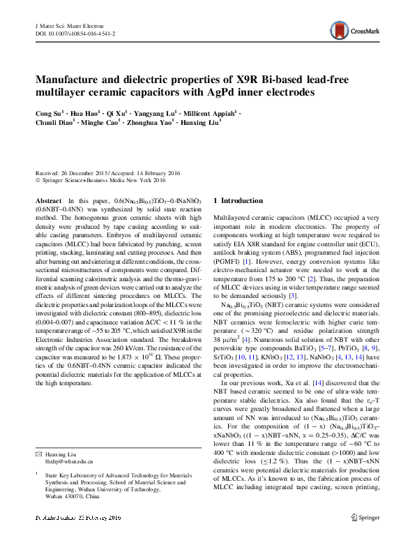(PDF) Manufacture and dielectric properties of X9R Bi-based lead-free ...