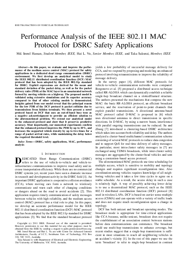(PDF) Performance Analysis of the IEEE 802.11 MAC Protocol for DSRC ...