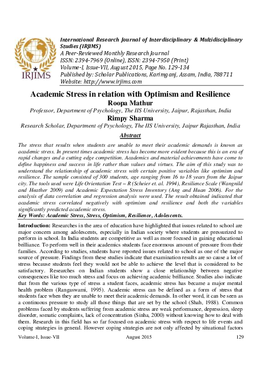 (PDF) Academic Stress in relation with Optimism and Resilience