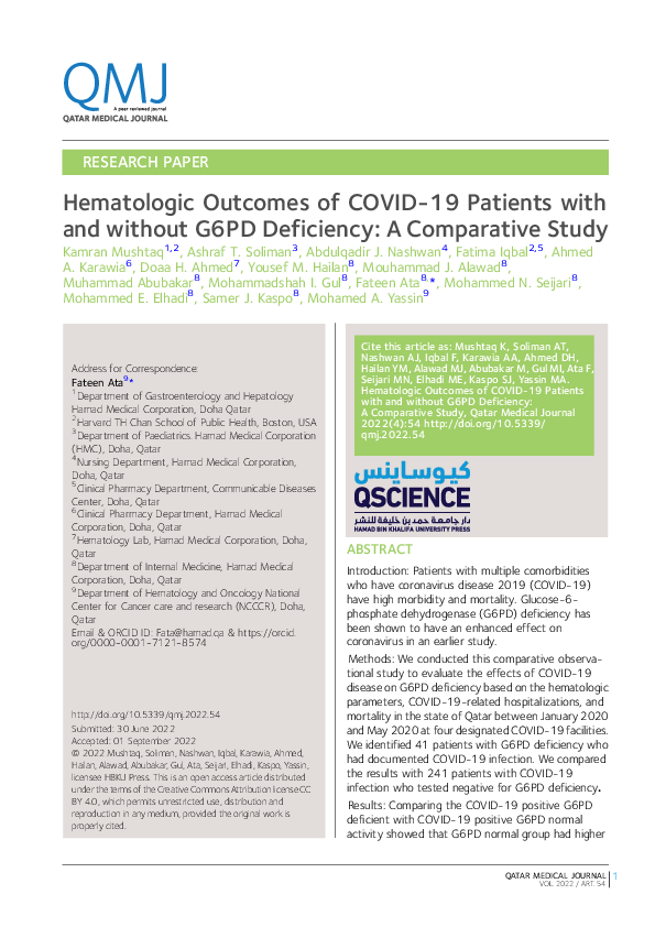 (PDF) Hematologic Outcomes of COVID-19 Patients with and without G6PD ...