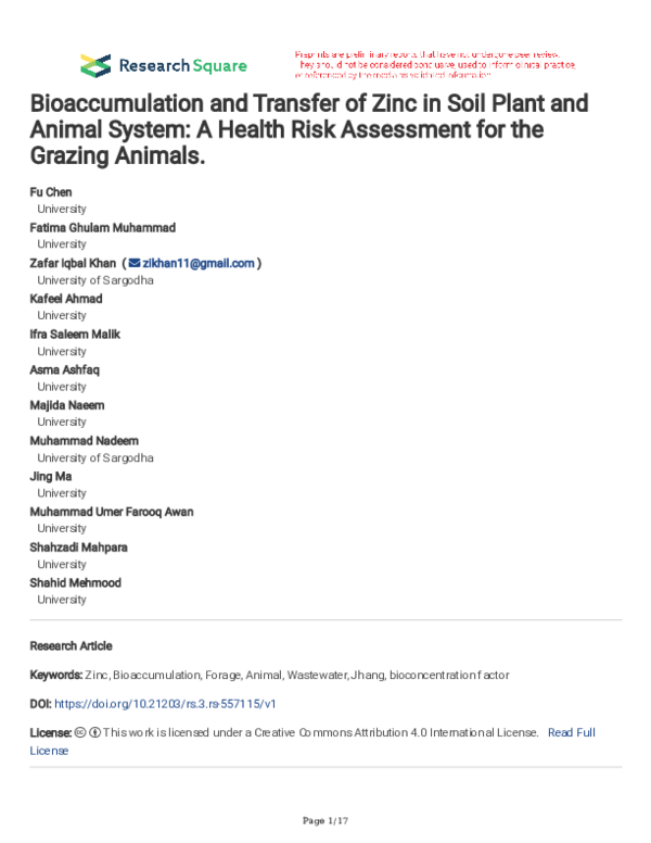 (PDF) Bioaccumulation and transfer of zinc in soil plant and animal ...
