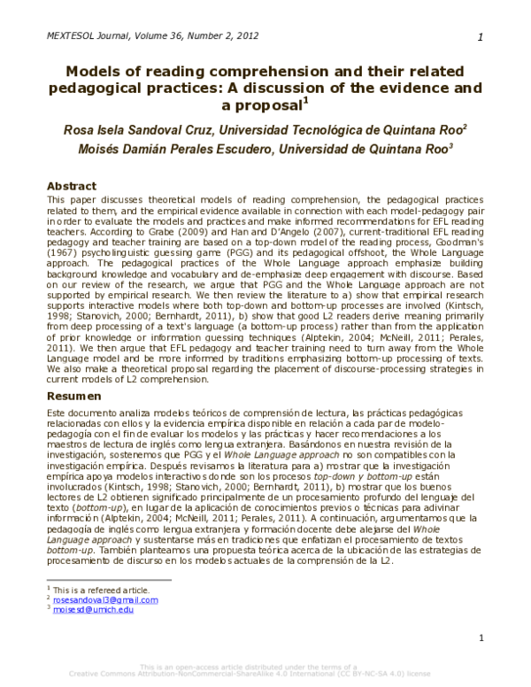 (PDF) Models of reading comprehension and their related pedagogical ...
