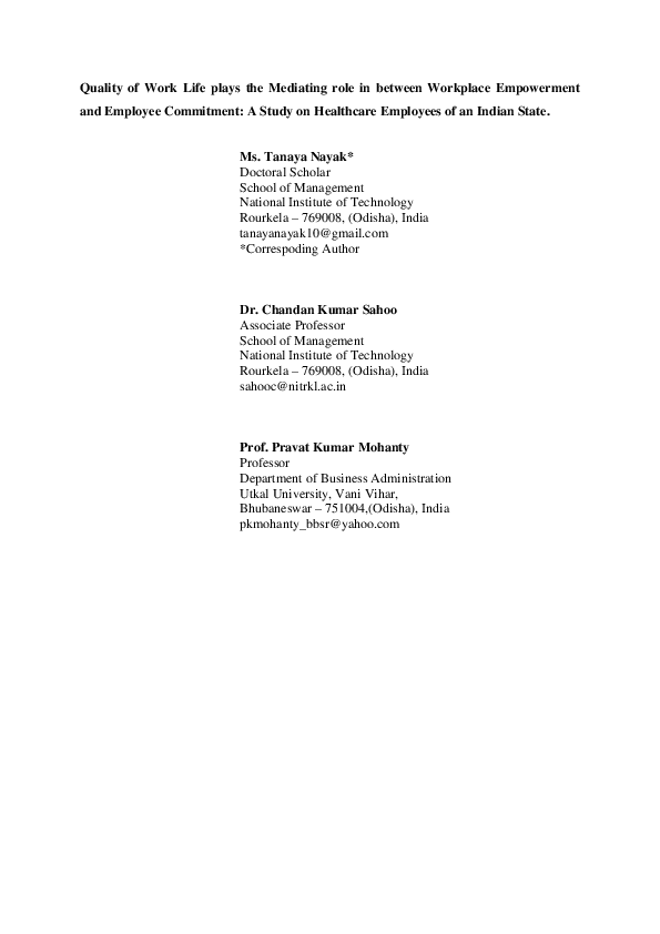 (PDF) Quality of Work Life plays the Mediating role in between ...