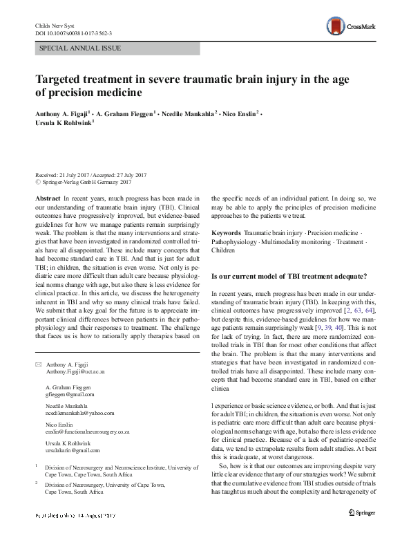 (PDF) Targeted treatment in severe traumatic brain injury in the age of ...