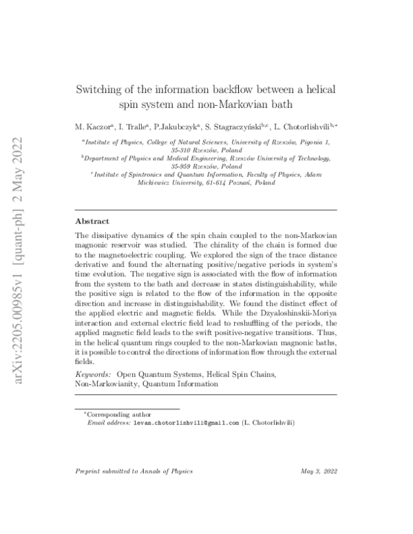 (PDF) Switching of the information backflow between a helical spin ...