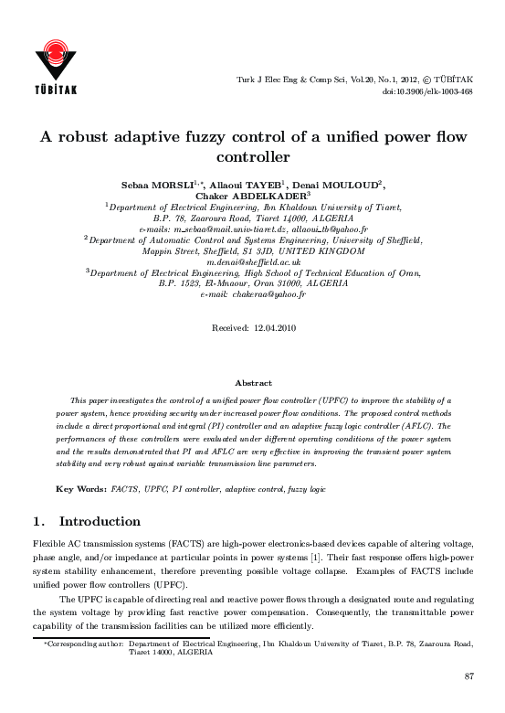 (PDF) A robust adaptive fuzzy control of a unified power flow controller