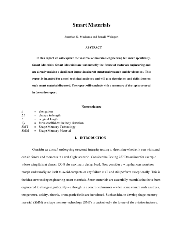 (PDF) Examples of Smart Materials - by, Jonathan Muchuma & R. Waingort