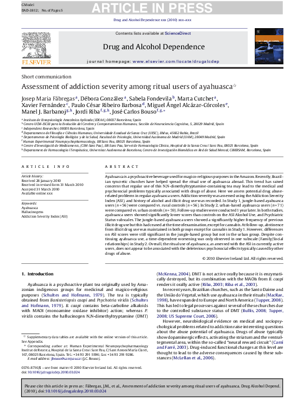 (PDF) Assessment of addiction severity among ritual users of ayahuasca