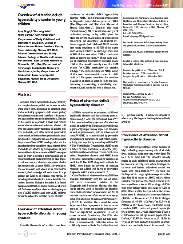 (PDF) Overview of attention deficit hyperactivity disorder in young ...