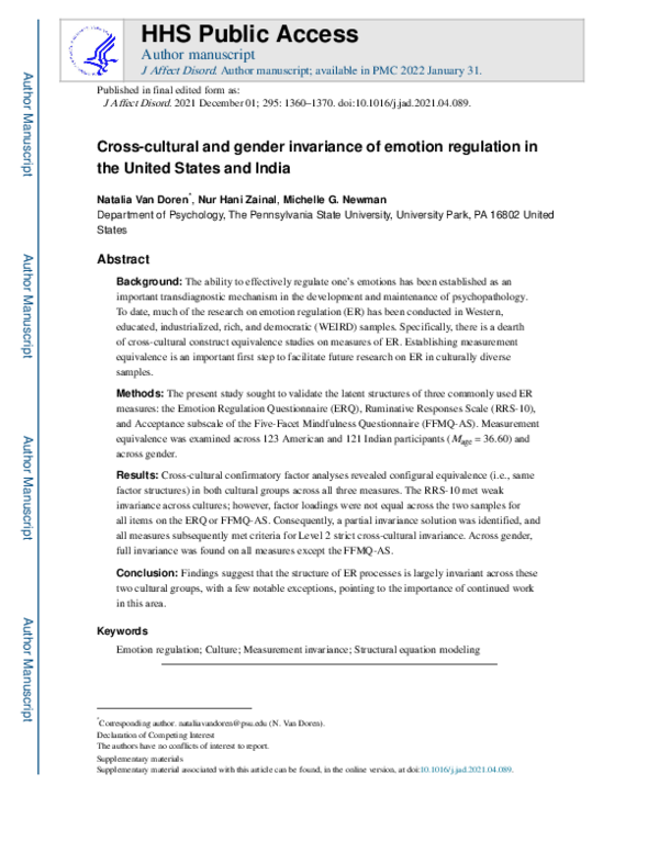 (PDF) Cross-cultural and gender invariance of emotion regulation in the ...
