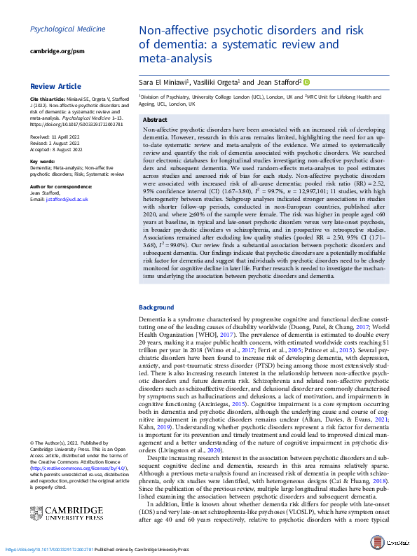 (PDF) Non-affective psychotic disorders and risk of dementia: a ...