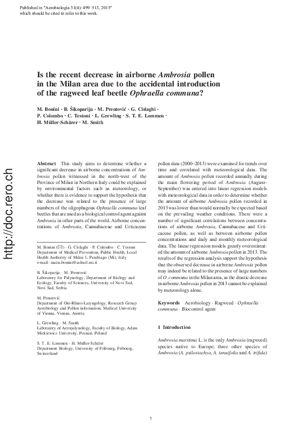 (PDF) Is the recent decrease in airborne Ambrosia pollen in the Milan ...
