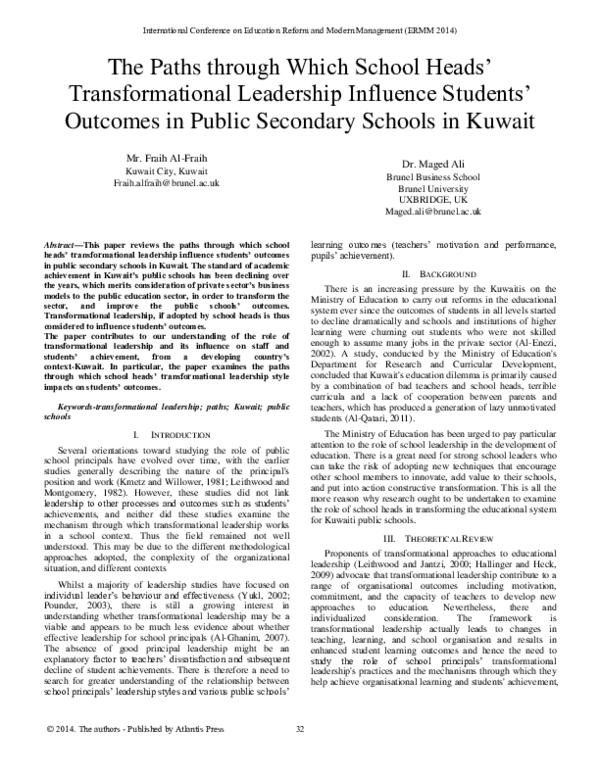 (PDF) The Paths through Which School Heads Transformational Leadership ...