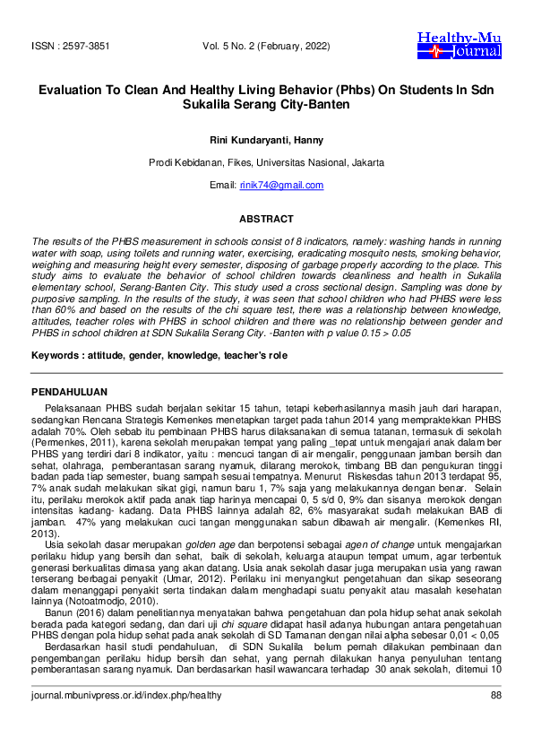 (PDF) Evaluation To Clean And Healthy Living Behavior (Phbs) On ...