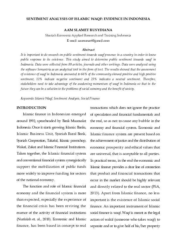(PDF) Sentiment Analysis of Islamic Waqf: Evidence in Indonesia