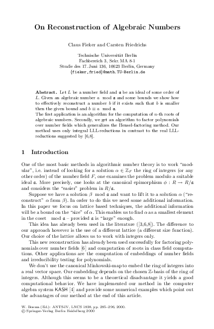 (PDF) On Reconstruction of Algebraic Numbers